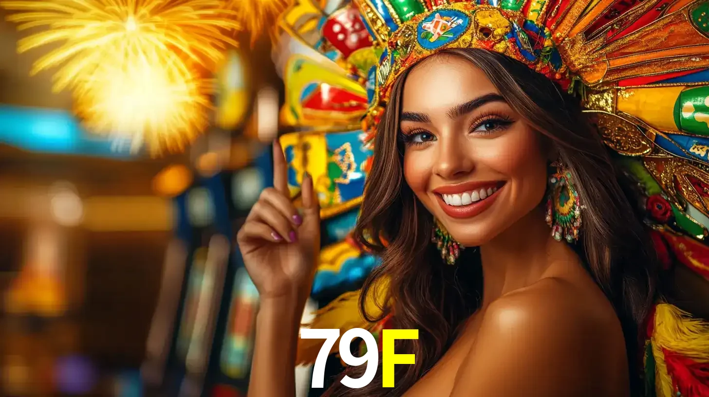 Mulher sorridente com um cocar de carnaval vibrante e colorido, celebrando uma grande vitória nos jogos do cassino 79F com fogos de artifício ao fundo.