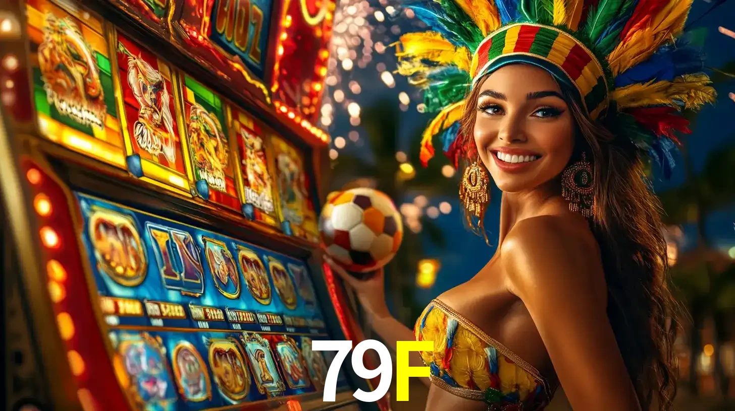 Mulher com um cocar de carnaval ao lado de uma máquina de caça-níqueis enquanto segura uma bola de futebol, mostrando a união da diversão de cassino e esportes no 79F.