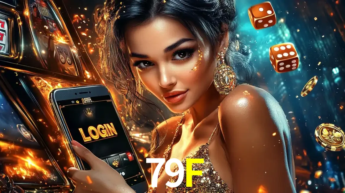 Mulher glamourosa segurando um celular com a tela de login do cassino 79F, rodeada por dados e moedas douradas, pronta para começar a diversão.