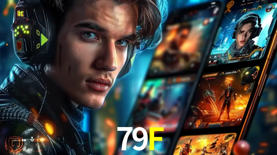 Jovem jogador com fones de ouvido olhando para a câmera, com um aplicativo de jogos e e-sports para celular ao fundo, pronto para a competição e apostas no 79F.