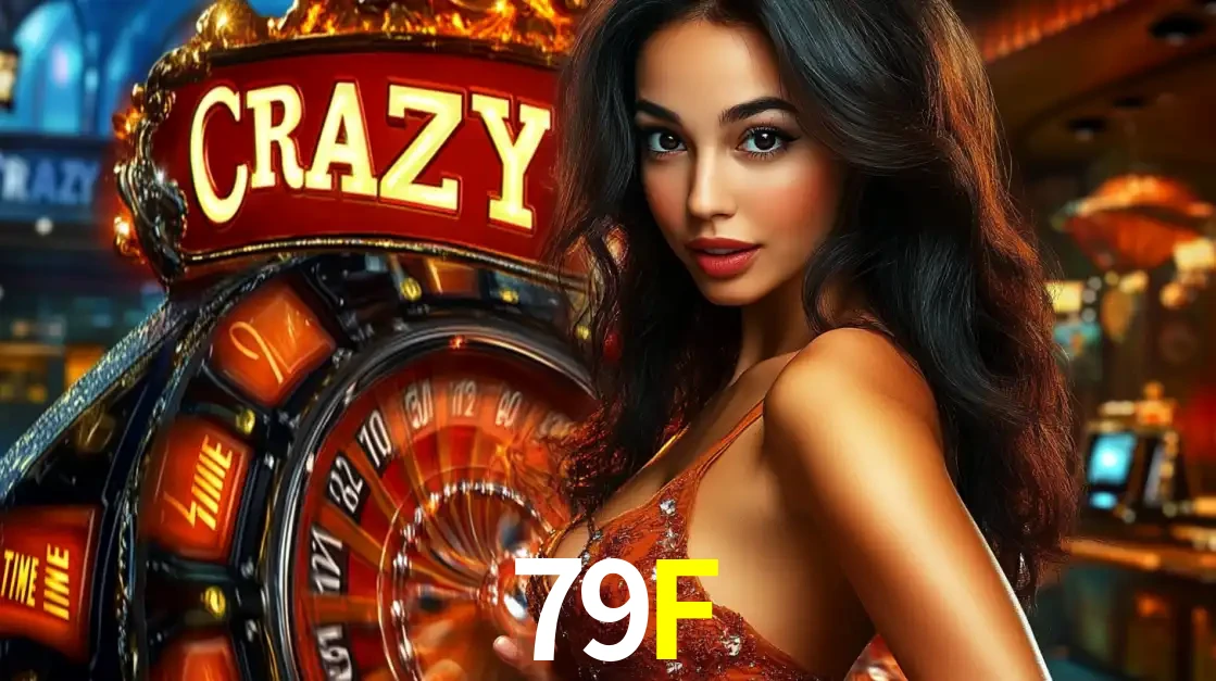 Mulher glamourosa olhando para a câmera com a roda vermelha do Crazy Time ao fundo em um ambiente de cassino, destacando a emoção dos jogos ao vivo no 79F.