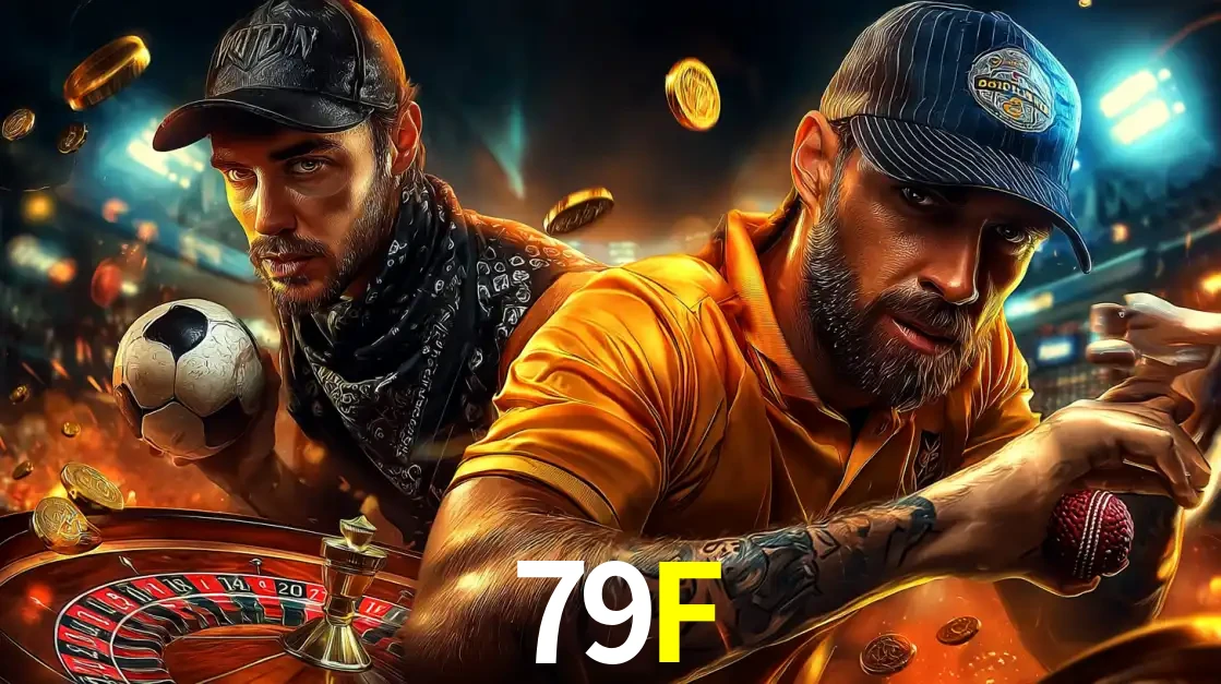 Montagem de apostas esportivas e cassino no 79F, com um homem segurando uma bola de futebol e outro uma de beisebol sobre uma roleta e moedas voadoras.