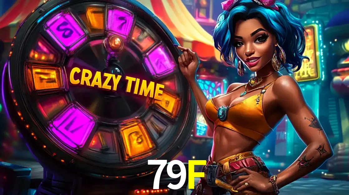 Mulher estilizada com cabelo azul e visual vibrante posando ao lado da roda de prêmios do game show Crazy Time, convidando para a diversão e os bônus do cassino 79F.