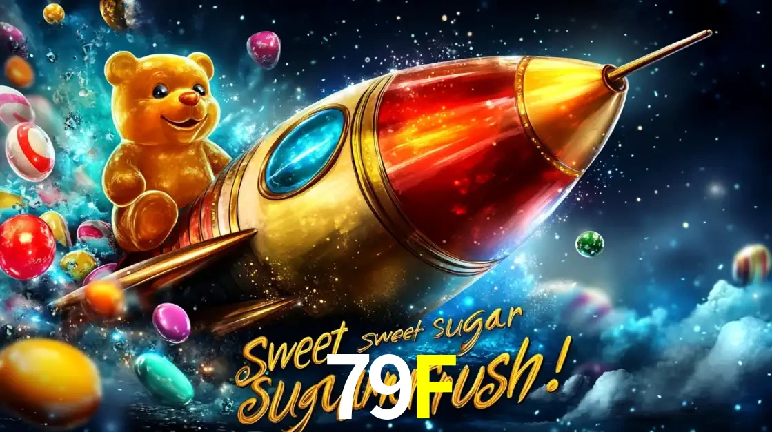 Arte promocional do jogo de slot Sugar Rush, com um urso de pelúcia em um foguete viajando pelo espaço de doces, um dos jogos divertidos disponíveis no cassino 79F.
