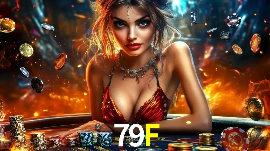 Mulher em uma mesa de cassino com pilhas de fichas e um fundo de fogo, pronta para uma rodada de altas apostas nos jogos de mesa emocionantes do cassino 79F.