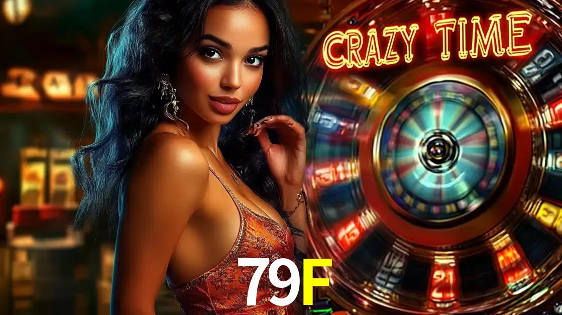 Mulher elegante ao lado da vibrante roda da fortuna do jogo de cassino ao vivo Crazy Time, um dos game shows mais populares e cheios de prêmios do 79F.