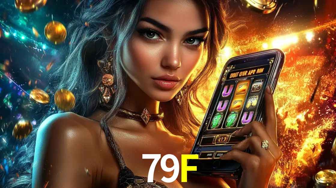 Mulher elegante mostrando um jogo de caça-níqueis em seu smartphone, destacando a experiência de cassino móvel oferecida pelo aplicativo 79F.