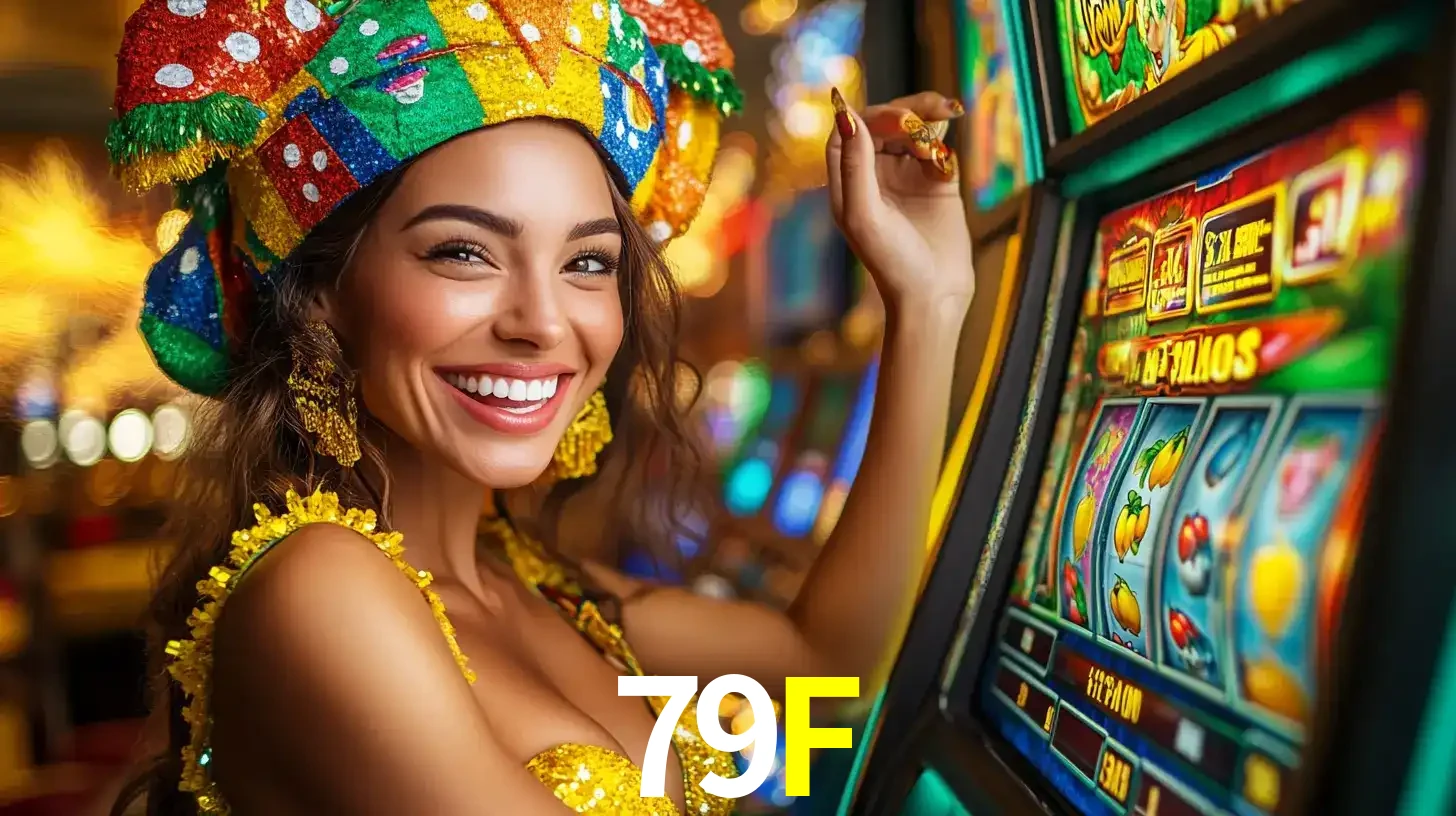 Mulher feliz com traje de carnaval amarelo e colorido ao lado de uma máquina de caça-níqueis, aproveitando a diversão e os jogos temáticos do cassino 79F.