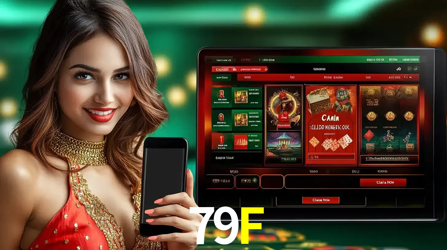 Mulher sorridente segurando um smartphone, ao lado de uma tela exibindo o lobby de jogos do cassino online 79F, com várias opções de jogos de cartas e slots.